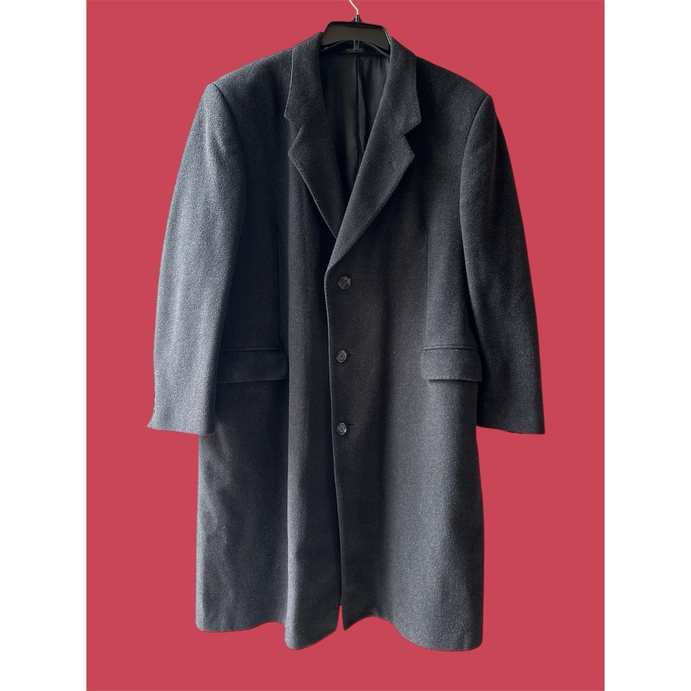 Oleg Cassini Cashmere Blend Overcoat 44R Black Wool Italy‎ Fabric Vintage EUC